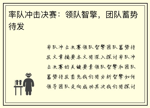 率队冲击决赛：领队智擎，团队蓄势待发